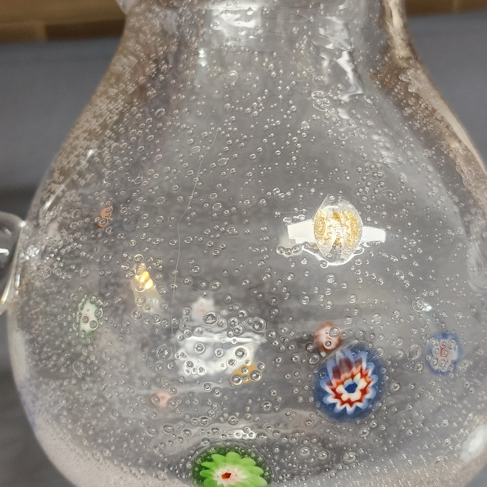 Hand blown clear bubble glass pitcher with flowers 9" beautiful flared top - Picture 5 of 11